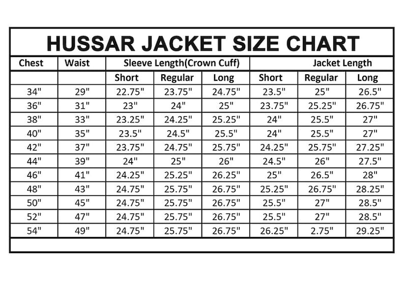 May include: A size chart for Hussar jackets, showing measurements in inches for chest, waist, sleeve length, and jacket length. The chart includes options for short, regular, and long sleeve lengths.