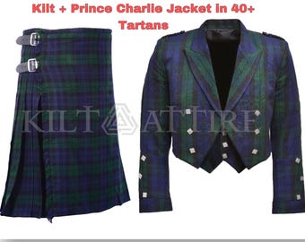 Giacca da uomo in tartan Prince Charlie con kilt da sposa in tartan da 8 metri, disponibile in oltre 40 tartan clan