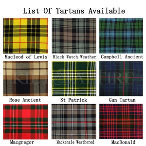 May include: Nine different tartan fabric samples are displayed, each with a distinct plaid design. The image includes a yellow and black tartan, a green and blue tartan, and a red and green tartan. The text at the top says "List Of Tartans Available."