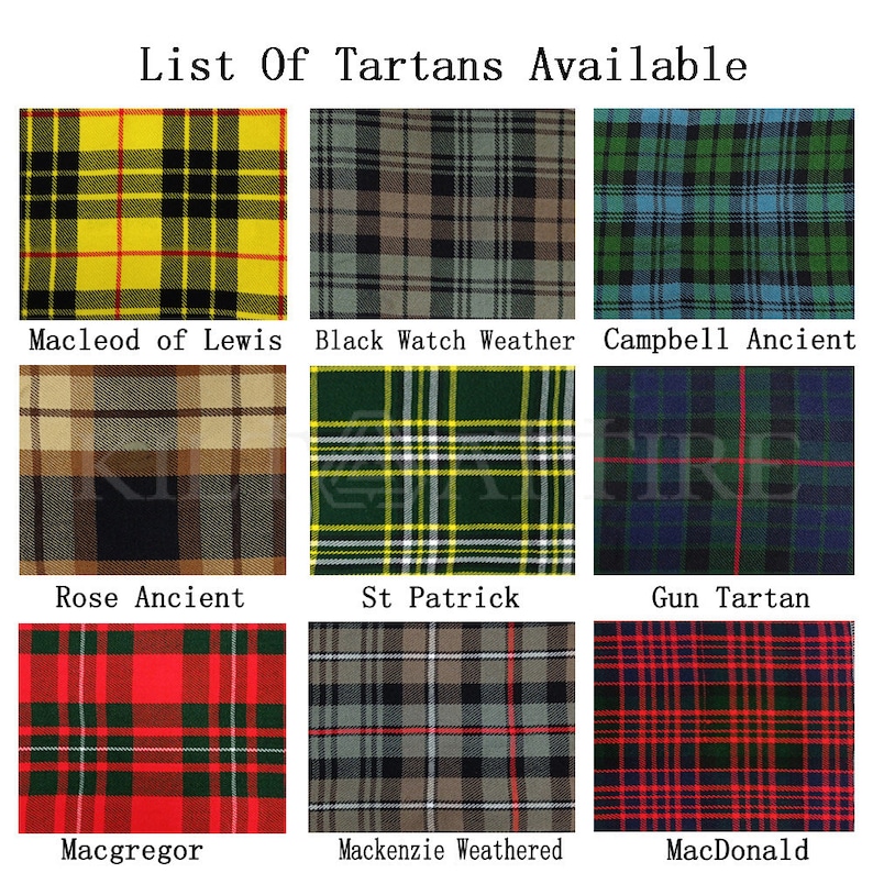 May include: Nine different tartan fabric samples are displayed, each with a distinct plaid design. The image includes a yellow and black tartan, a green and blue tartan, and a red and green tartan. The text at the top says "List Of Tartans Available."
