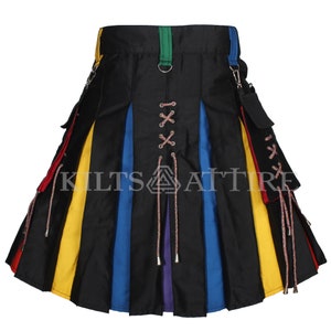 Hybrid Pride Kilt Rainbow Laces LGBT Scottish Kilt In Colorful Pleats Utility Custom Kilt Sizes 28&quot; to 62&quot;