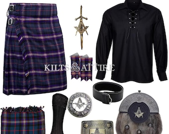 Herren Masonic Sporran Scottish Kilt Set Hochzeit Kilt Outfit & 10-teiliges Kleid Traditionelles Kilt Set Erhältlich in verschiedenen Tartans.