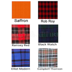 May include: Six different plaid patterns, including Saffron, Rob Roy, Ramsey Red, Black Watch, Elliot Modern, and Campbell Thomson.