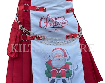 Men's Christmas Kilt Red With White Santa Claus Kilt Skirt Christmas Nylon Straps Happy Merry Christmas Kilt Sizes 28" to 62"