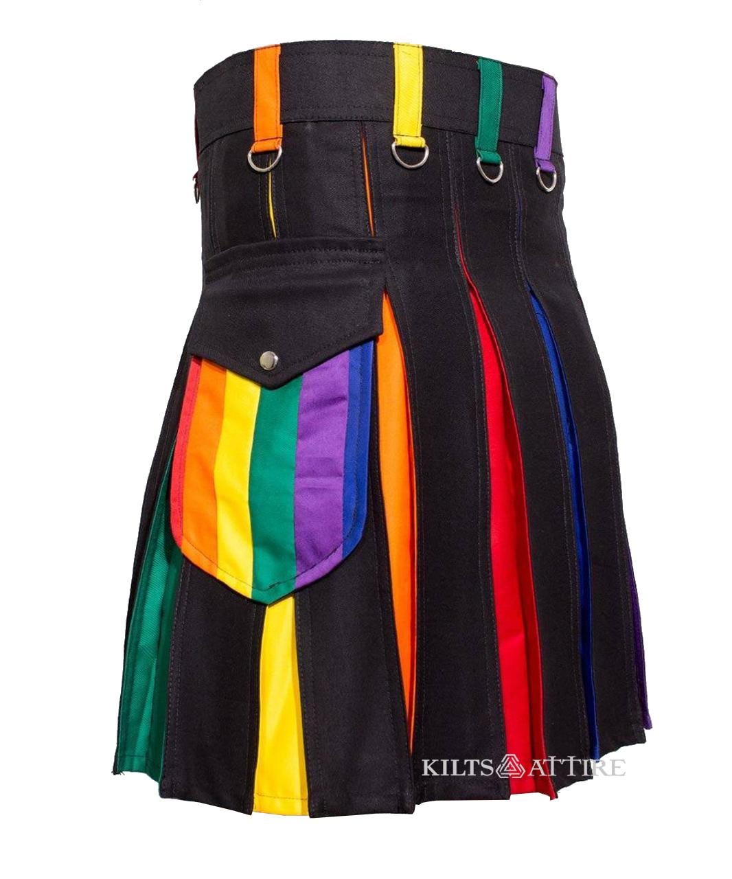 Hybrid Rainbow Pride Kilt LGBT Colorful Pleat Gay Kilt Modern Utility Kilts For Gay Kilt Size 28" to 62"