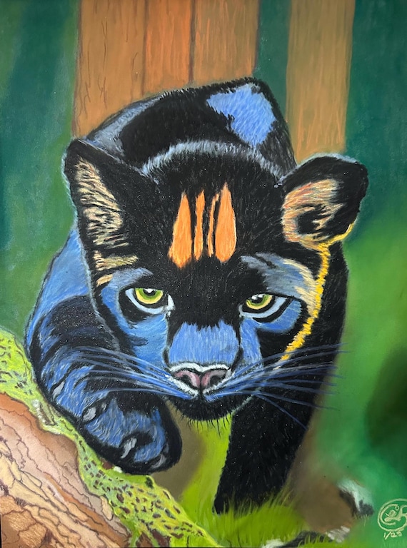 Handdrawn pastel painting of a hybrid panther cub stalking prey in a forest. “Silent Hunter” 14” x 11” portrait orientation.