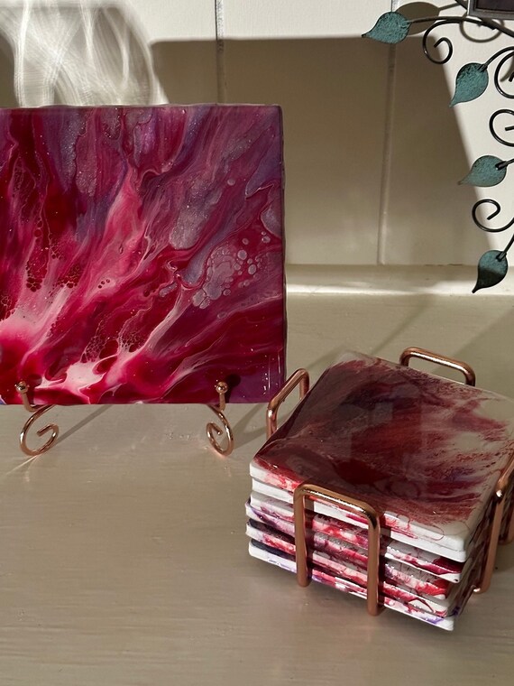 Pearl Crimson, Dioxizine Purple and Pearl White Coasters (6) & Trivet (1) set, with gold holders