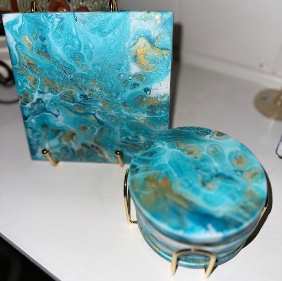 Turquoise and Gold Dragonfly Ceramic Coasters (6) & Trivet (1) set, with gold holders
