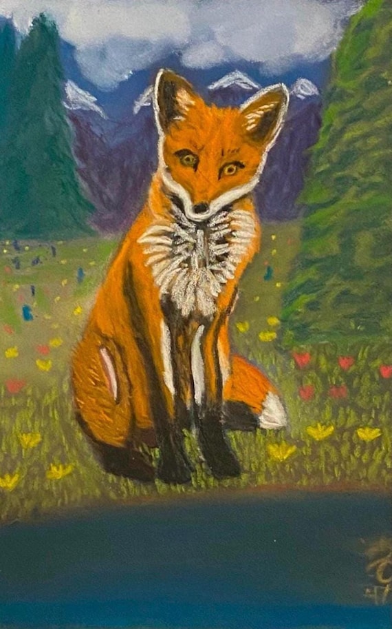 Hand drawn 5” x 7” pastel painting for children’s room. “Forest Fox”