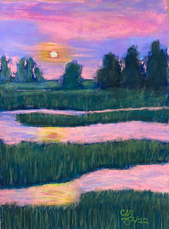 Pastel painting (14”x11”) entitled “Sunset Slough.”