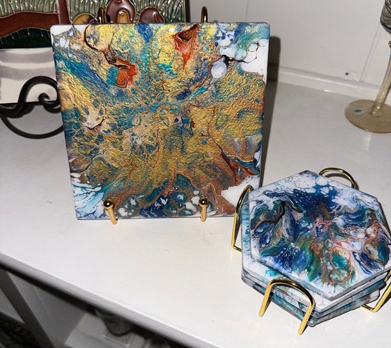 Bohemian Tapestry Ceramic Coasters (4) & Trivet (1) set, with gold or black iron holders (matches Bohemian Tapestry Mural on Porcelain Tile)