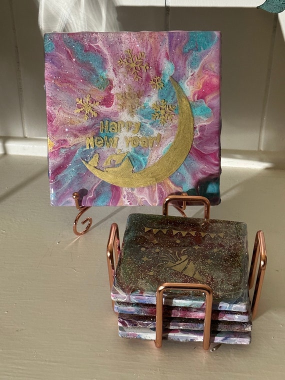 New Year’s Multi-Colored Coasters (4) & Trivet (1) set, with gold holders