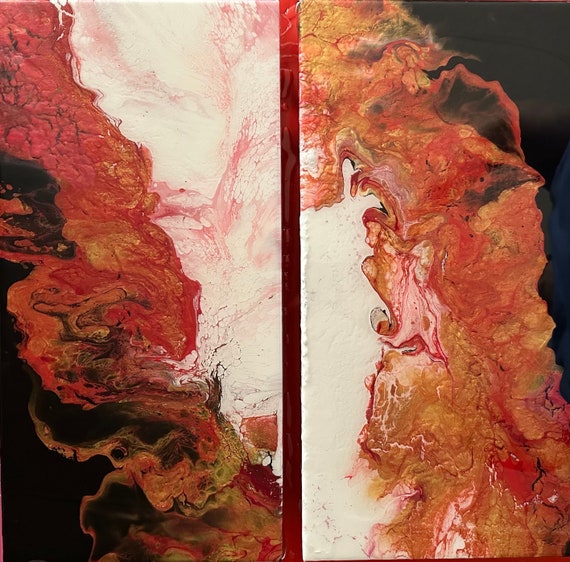 Passion’s Dream: Reds and Gold Dutch Pour on Split Black and White Diptych (two 10” x 20”  Canvases)