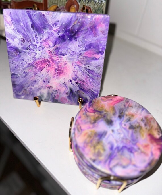 Purple, Pink and Gold Dragonfly Ceramic Coasters (6) & Trivet (1) set, with gold holders
