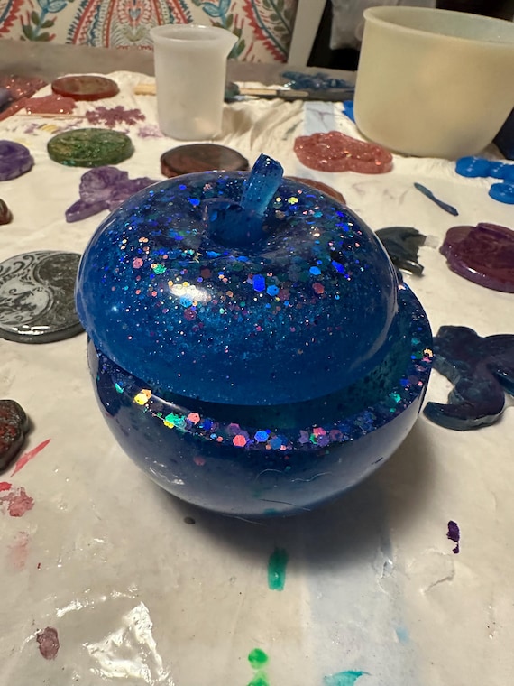 Pride Resin Apple Jewelry Box, Blue with pink, red, green and purple glitter
