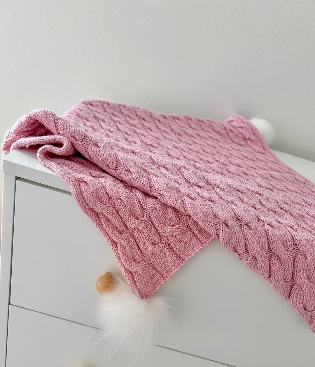 Knit Baby Blanket with Pompoms Pink