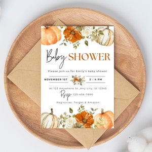 Editable Pumpkin Baby Shower Invitation, A little Pumpkin is on the way, Fall Baby Shower Invite, Autumn Leaves Invite, Instant Download