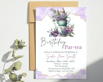 May include: Purple and gold tea party invitation with a watercolor illustration of a stack of teacups and teapot with flowers. The text reads "Birthday Par-tea" and includes the details for Sadie Jean Smith's 8th birthday party.