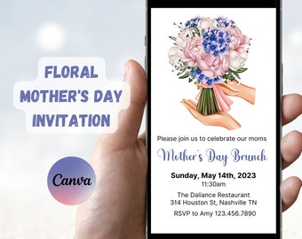 Invitación floral para brunch del Día de la Madre, plantilla editable (descarga digital)