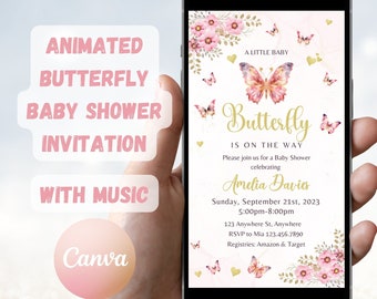 Animowane zaproszenie na baby shower z motylem, zaproszenie wideo z kwiatami (edytowalne)