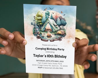 Camping Birthday Invitation Template, Under The Stars Party (Instant Download)