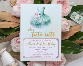 Tutu Birthday Invitation, Ballerina Invite, Mint Tutu Ballerina Birthday Invite, Ballet Tutu Cute, Digital Editable Template, Printable