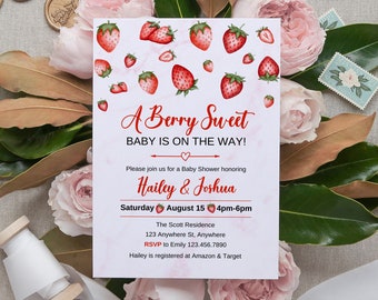 Strawberry Baby Shower Invitation, Berry Sweet Baby on the Way, Berry Sweet Invitation, Strawberry Baby Shower Invite, Instant Download