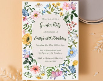 Wildflower Garden Party Invitation, Floral Birthday, Butterfly (Editable Template, Instant Download)
