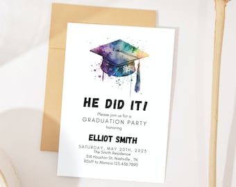 Minimalist Graduation Announcement, 2023 Graduation Party Invitation Template, He Did It Graduation Party Invite, Instant Download