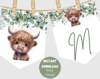 Babyshowerbanderoll med höglandskon, utskrivbara bokstavsvimplar (nedladdning direkt)