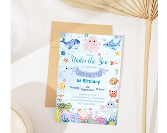 Invito di compleanno a tema "Sotto il mare" ad acquerello (download immediato)
