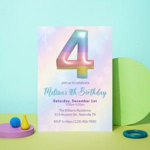 Plantilla editable de invitación de 4to cumpleaños de Rainbow, invitación a fiesta de cumpleaños de Rainbow Girl, invitación de cuarto cumpleaños de Balloon Girl, descarga instantánea