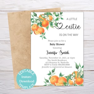 A Little Cutie is on the Way, Orange Clementine, Gender Neutral Baby Shower Invitation, Editable Instant Download
