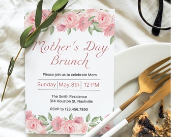 Invitación floral para brunch del Día de la Madre, plantilla editable (descarga instantánea)