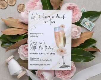 Editable Champagne Birthday Invitation, Happy Hour Drinks (Instant Download)