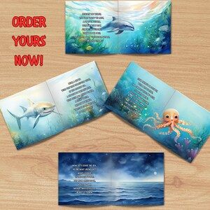 May include: A children's book with colorful illustrations of a dolphin, shark, octopus, and a night sky with stars. The book features rhyming text about the ocean and its creatures. The text includes the words "Sweet Dreams", "The Dolphin Says", "Now Let's Leave The Sea", "Wave Goodbye", "Natalie Wiggles Hose", "Ready To Touch", "Dream We Nature", "In This Place", "The Ocean Says", "In No Place", "The Ocean Says", "In No Place".
