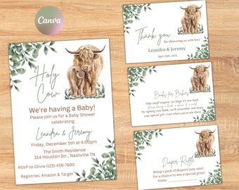 Boho Highland Cow Baby Shower Invitation Bundle (Digital)