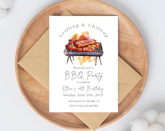 May include: A white invitation card with a watercolor illustration of a grill with cooked meat. The text reads "Grilling & Chilling", "Please join us for a BBQ Party to celebrate Ethan's 40th Birthday", "Sunday, June 17th, 2023", "314 Houston St, Nashville, TN", and "RSVP to Mary 123.456.7890".