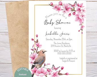 Invitación para baby shower con diseño floral de pájaros, plantilla editable (descarga instantánea)