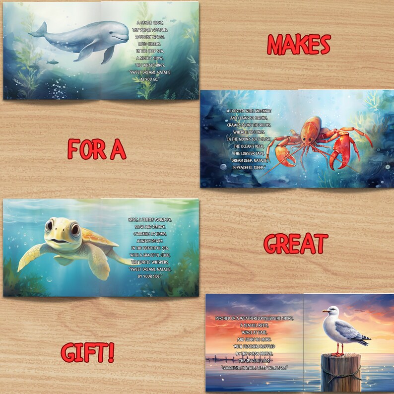 May include: A colorful illustrated children's book with the words "Makes a Great Gift!" on the cover. The book features a variety of sea creatures, including a whale, a turtle, a lobster, and a seagull. The text in the book is about the ocean and its inhabitants.