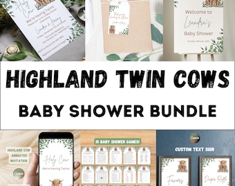 Highland Cow Twins Baby Shower Invitation Bundle (Editable Template)