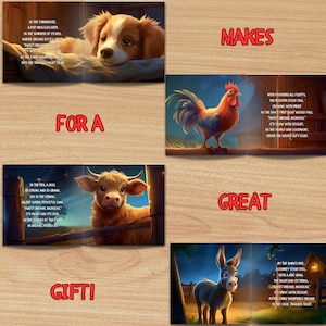 Puede incluir: Un libro para ni&ntilde;os con ilustraciones de animales de granja durmiendo. La portada del libro presenta un cachorro durmiendo en una cama, un gallo cantando, una vaca en un corral y un burro en un granero. El texto en la portada dice "Makes for a Great Gift!"