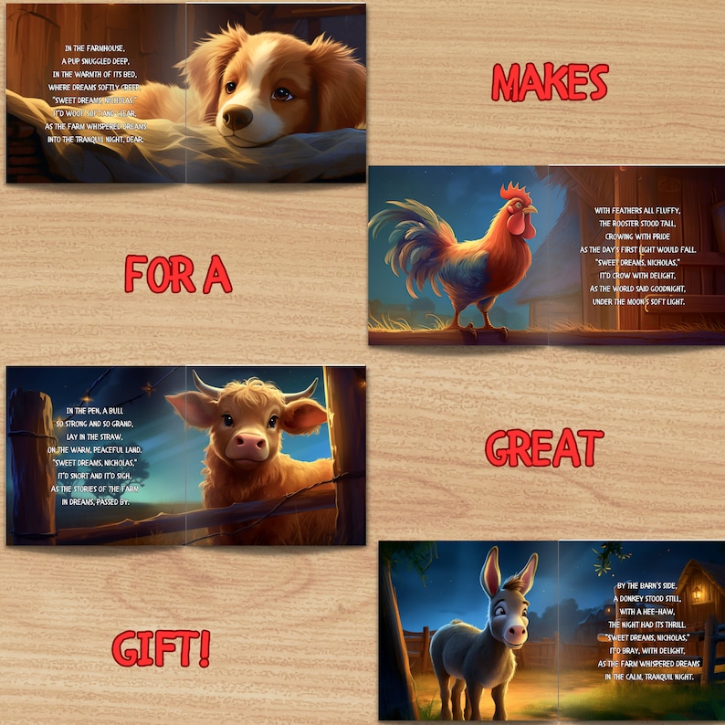 Puede incluir: Un libro para ni&ntilde;os con ilustraciones de animales de granja durmiendo. La portada del libro presenta un cachorro durmiendo en una cama, un gallo cantando, una vaca en un corral y un burro en un granero. El texto en la portada dice "Makes for a Great Gift!"