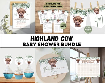 Boho Highland Cow Baby Shower Invitation Bundle, Gender Neutral Cow Baby Shower, Holy Cow Baby Shower Invitation Set, Editable Template
