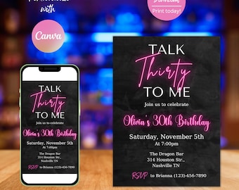 編集可能な30歳の誕生日招待状、ピンクネオン、「Talk Thirty To Me」（デジタルダウンロード）