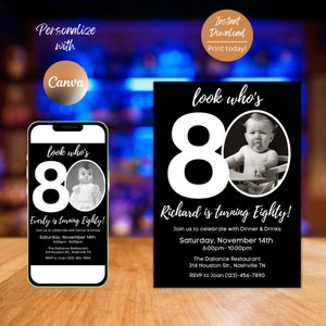 Editable 80th Invitation with photo, Look Who&#39;s 80, 80th Birthday Invitation Template, Minimal 80th Invitation, Editable, Printable