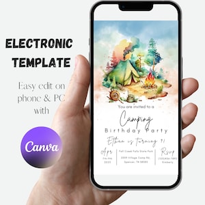 Plantilla de invitación de cumpleaños de camping, invitación a fiesta de camping, campamento, bajo las estrellas, cumpleaños de campamento, fiesta de Smores, descarga instantánea