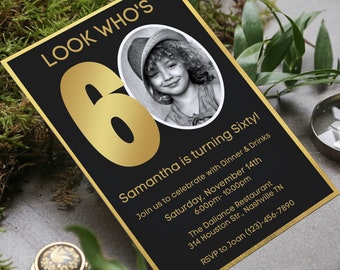 Editable 60th Birthday Invitation Template, Photo, Gold (Printable)