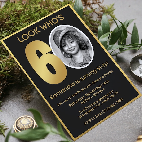 Bearbeitbare 60. Einladung mit Foto, Look Who's 60, 60. Geburtstag Einladung Vorlage, Gold 60. Einladung, bearbeitbar, druckbar