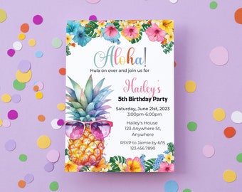 Editable Luau Birthday Invitation, Pineapple Pool Party (Instant Download)